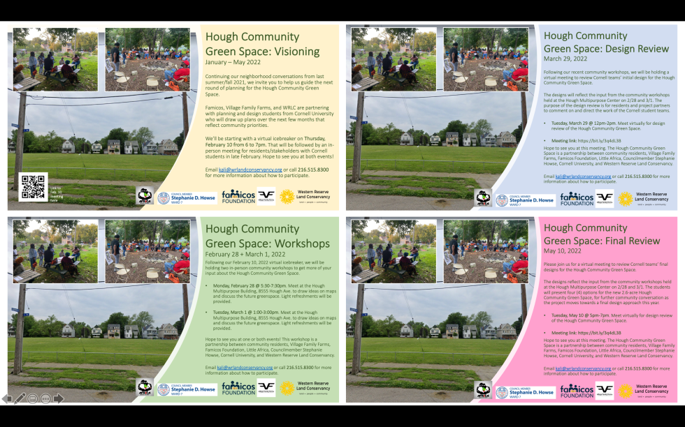 community flyers with Hough Community information and images of vacant lot, community members in a circle and gathered around a picnic table