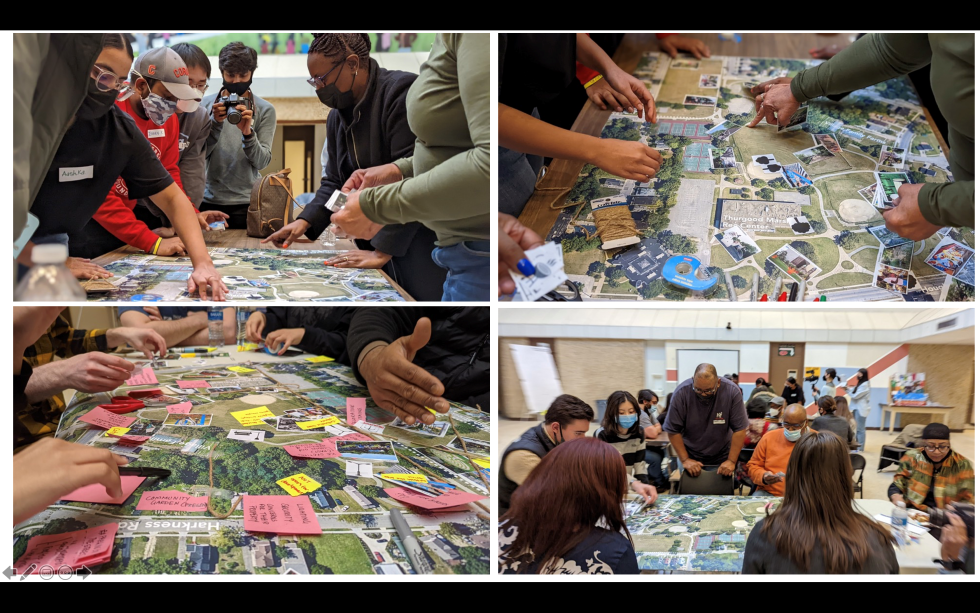 students and community members gathered around maps, with close ups of finger pointing and hands placing notes on the maps