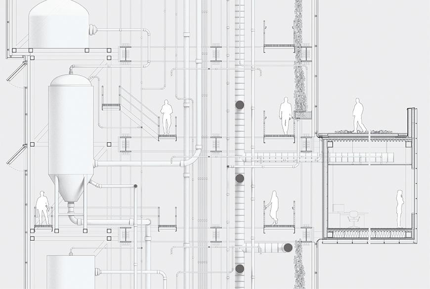 Detailed section of structure showing users inhabiting the space. 