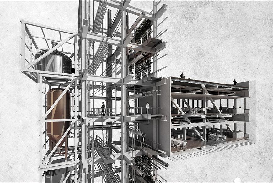 Perspective rendering of section cut showing materials and use of the space such as circulation and factory. 