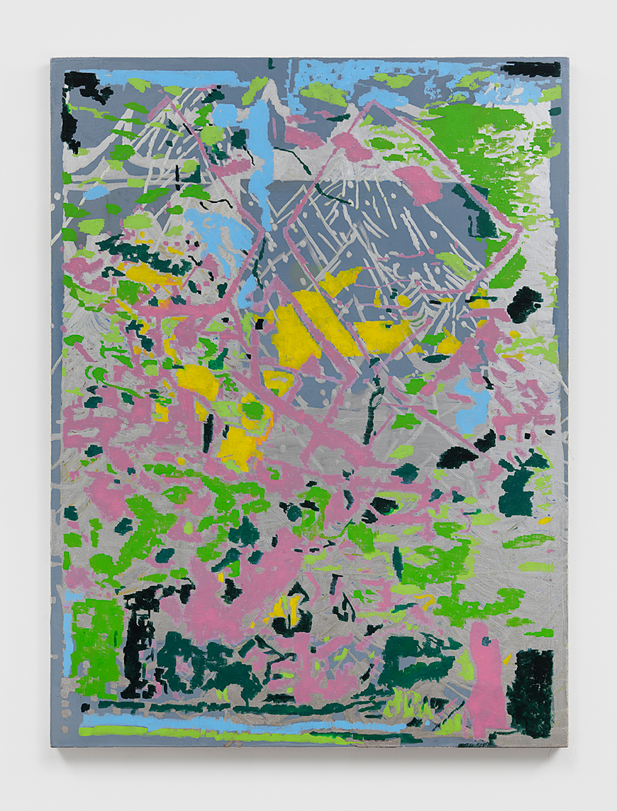 A painting with a grey background and green, navy, pink, and yellow abstract shapes. 
