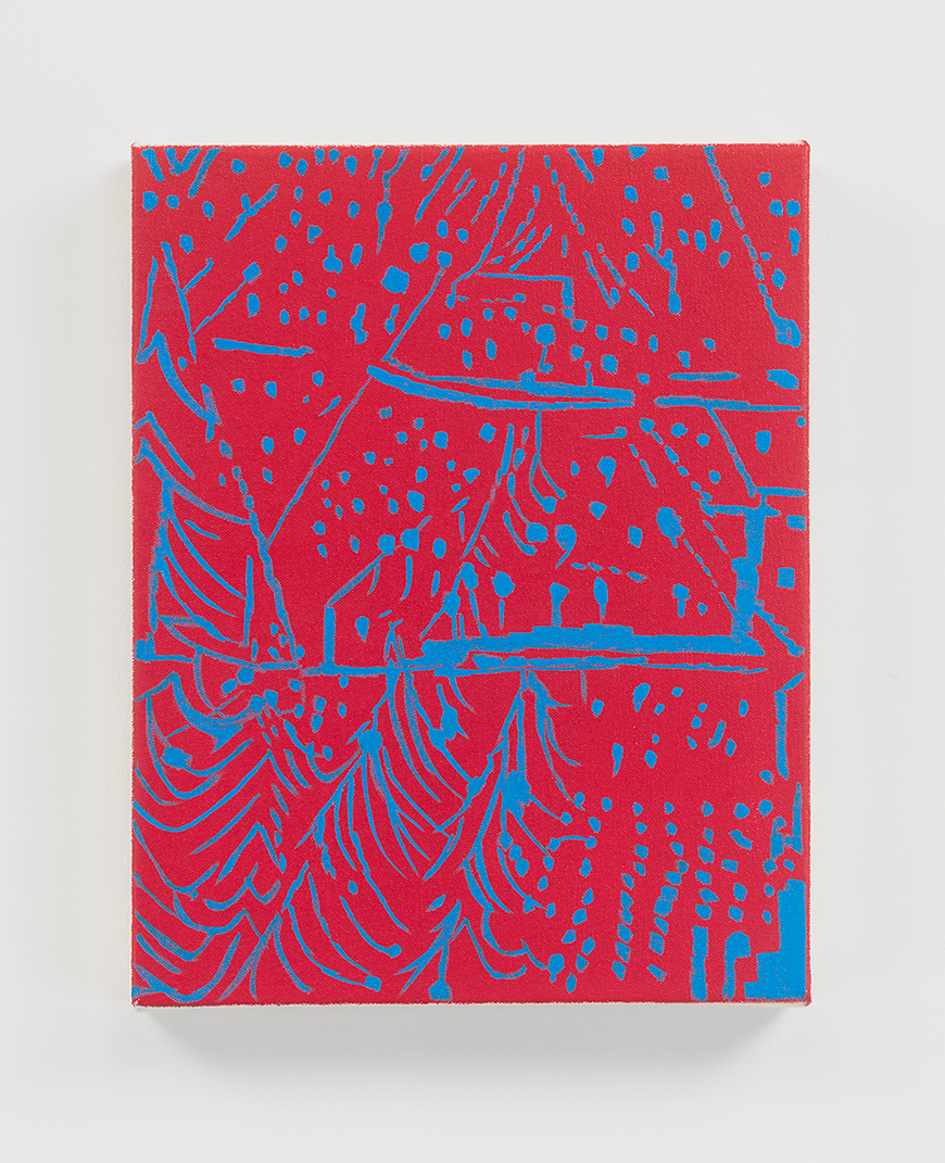 a painting with a red background and blue abstract shapes. 