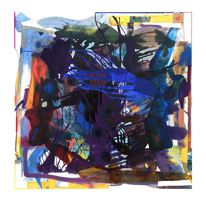 An abstract painting in shades of dark blue, purple, and yellow