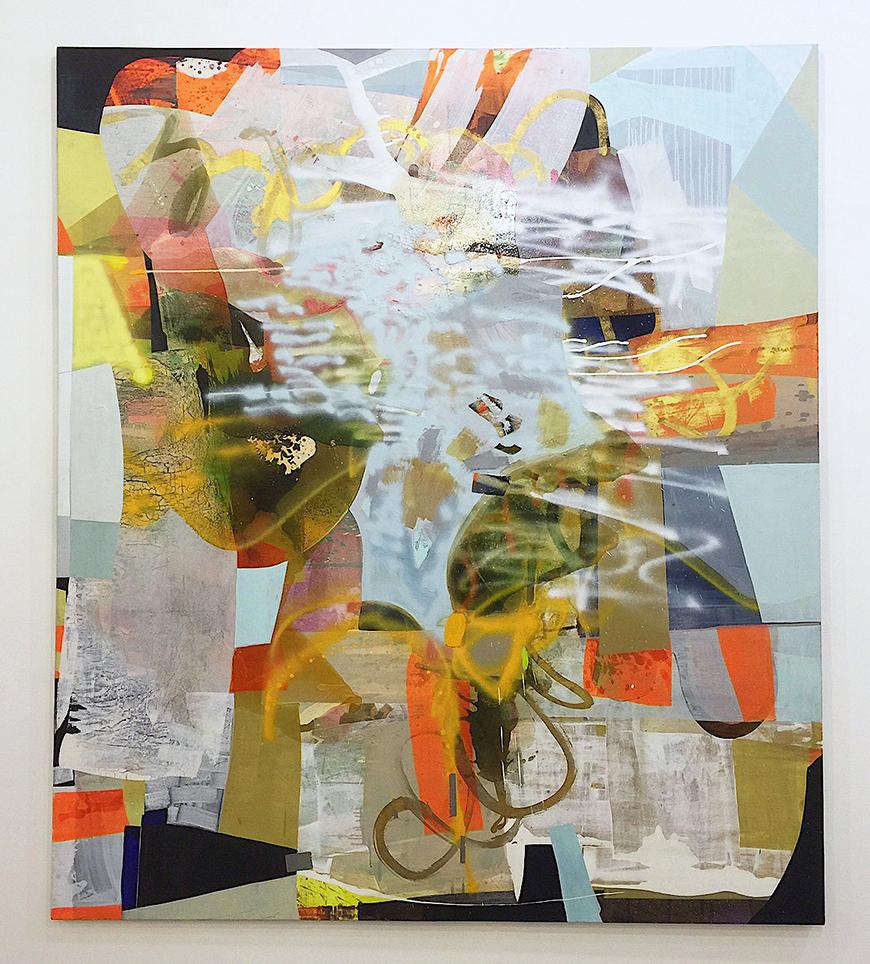 An abstract painting with many colorful blocks and squiggles