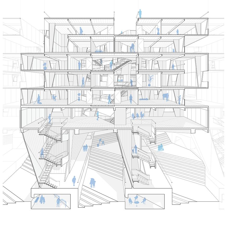Digital rendering of the cross section of a building.