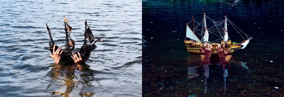 Two similar images next to each other of two hands coming out of water holding an old fashioned boat from the 1600s, left on lighter water and right on darker water.