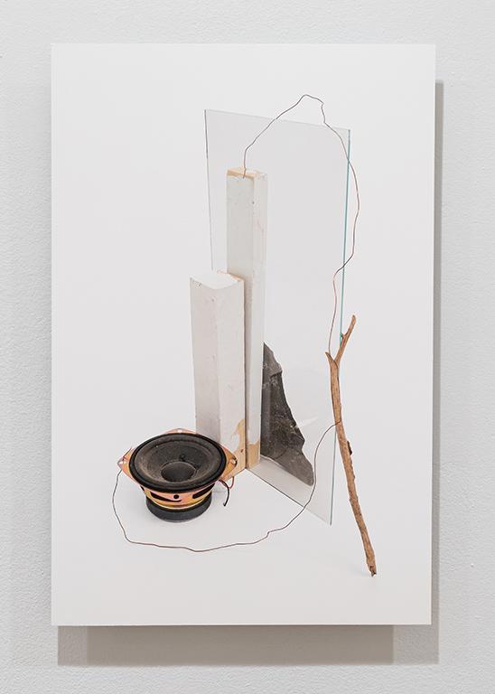 Photograph of miscellaneous objects arranged together, small round speaker, stick, wire, wood, glass.