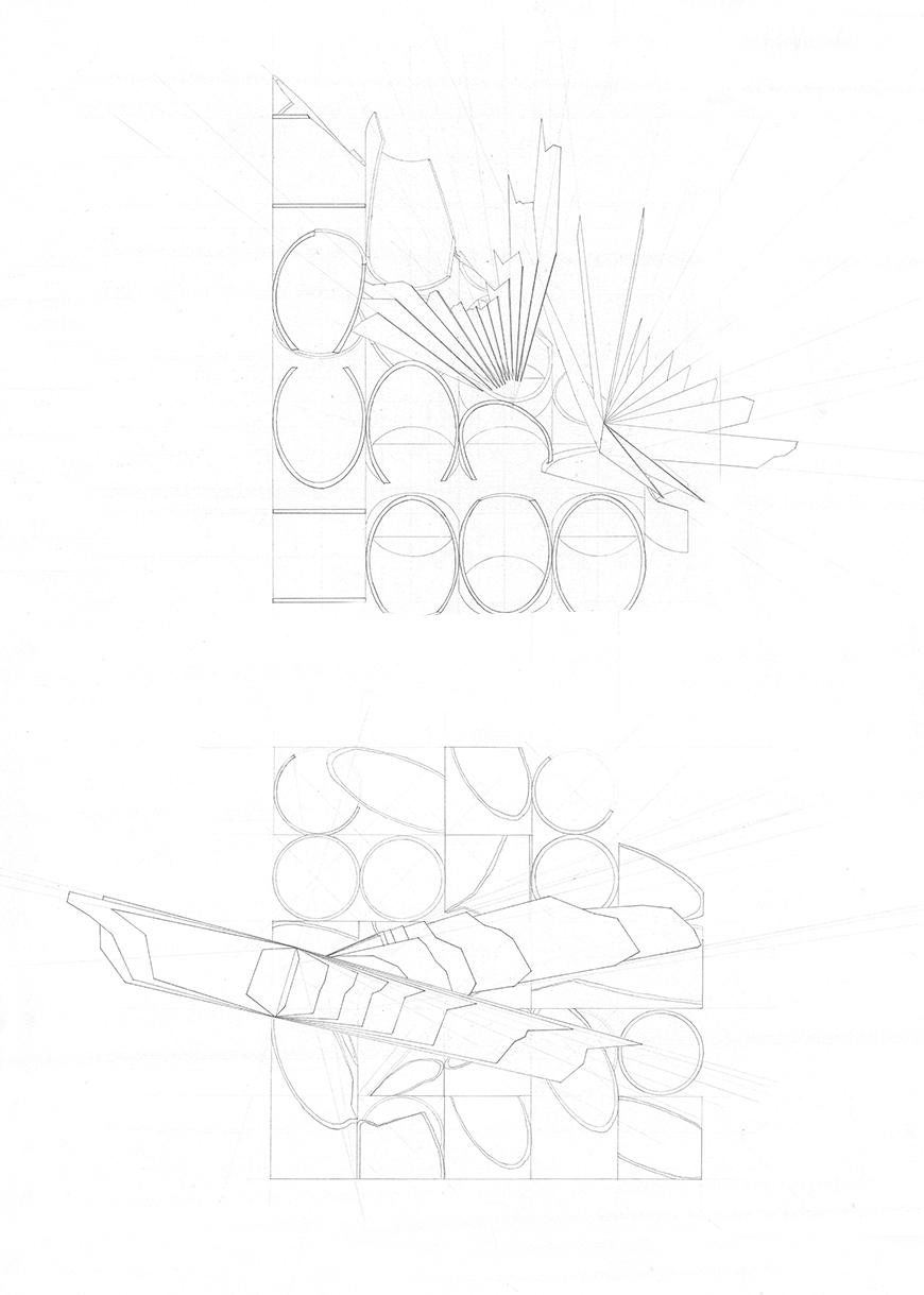 Pencil drawing of half circles full and cut with a sharp piece intersecting.