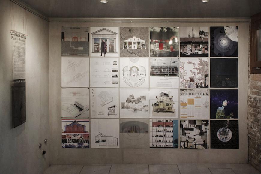 Drawings pinned to a wall during the exhibition. 