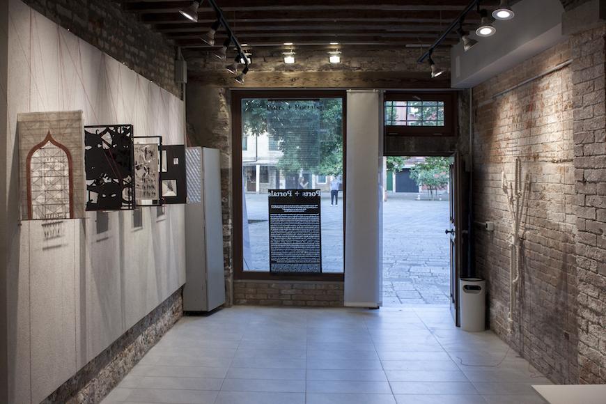 Interior view and doorway at exhibition. 