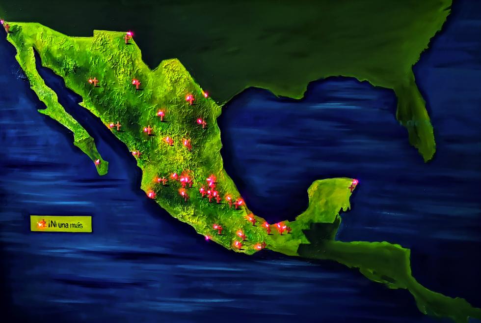 Painting of Mexico with dark blue water and bright green land with small lit red crosses spread across it.