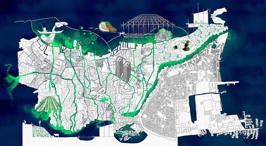 Digital rendering of a map whose waterways have been illuminated with a vibrant green accent.