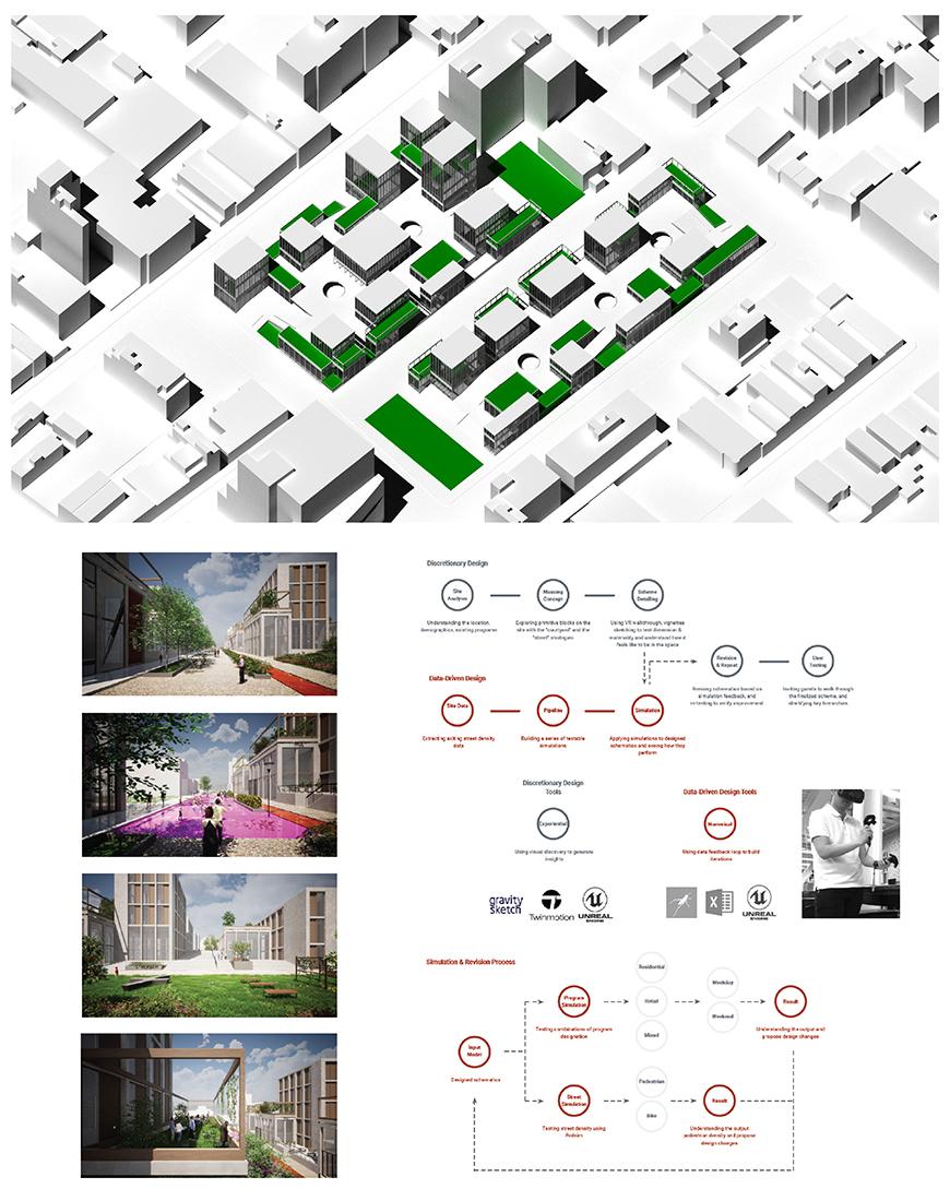 Digital rendering of an architectural structure and below information chart. 