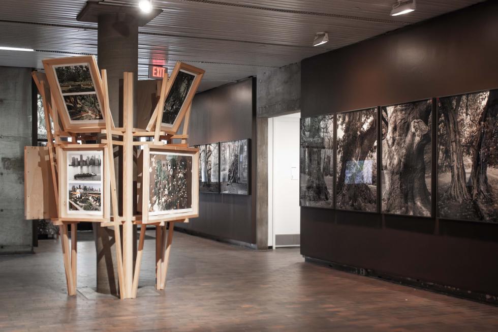 A gallery space with a wooden display stand holding framed photographs. The photographs depict various landscapes and cityscapes. Additional framed photographs hang on the walls.