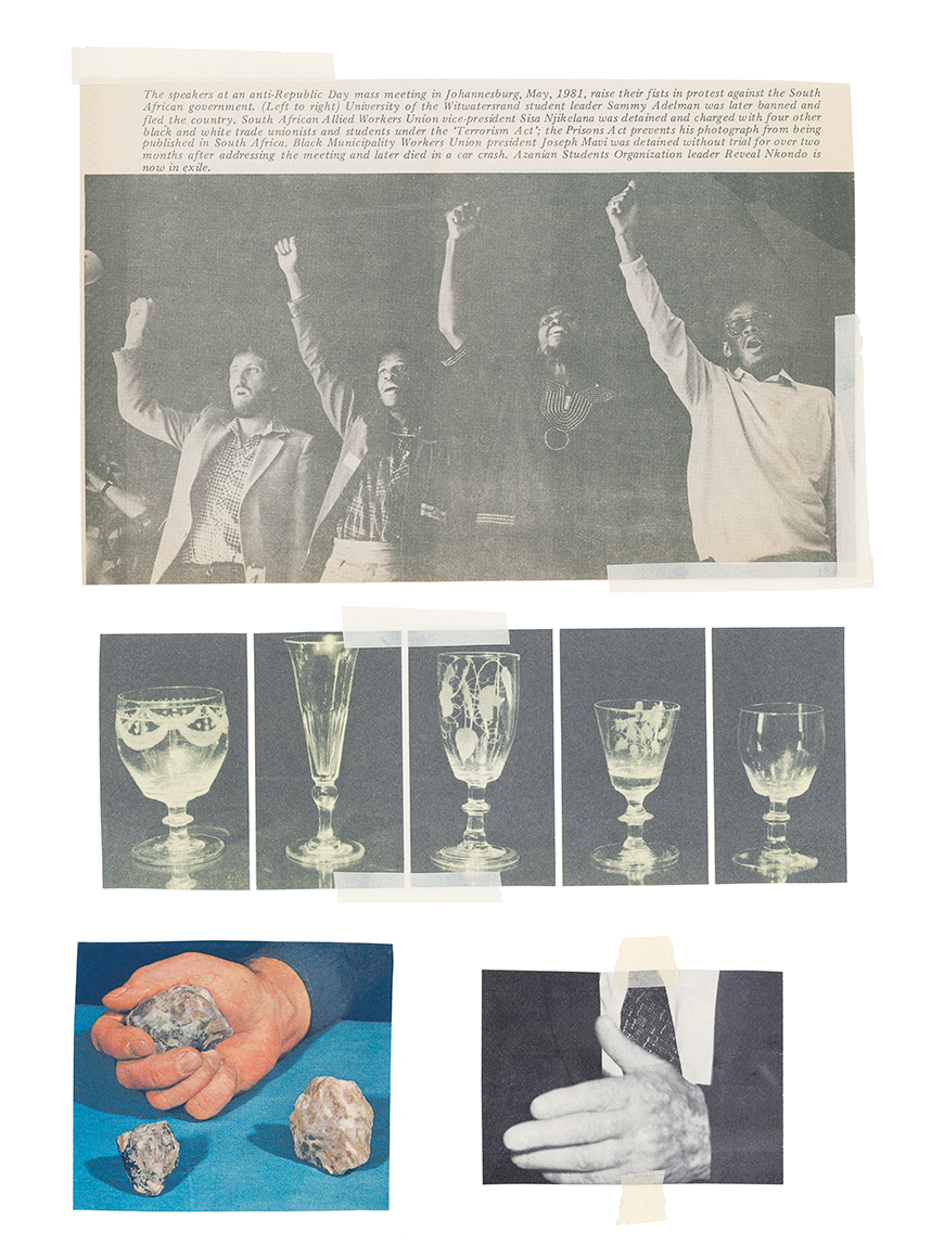 Collage of vintage images, including: one white and three black South African protestors standing in a line with right fists in the air, ornate crystal drinking glasses, a white hand holding diamonds, and a white hand place in front of a necktie. 