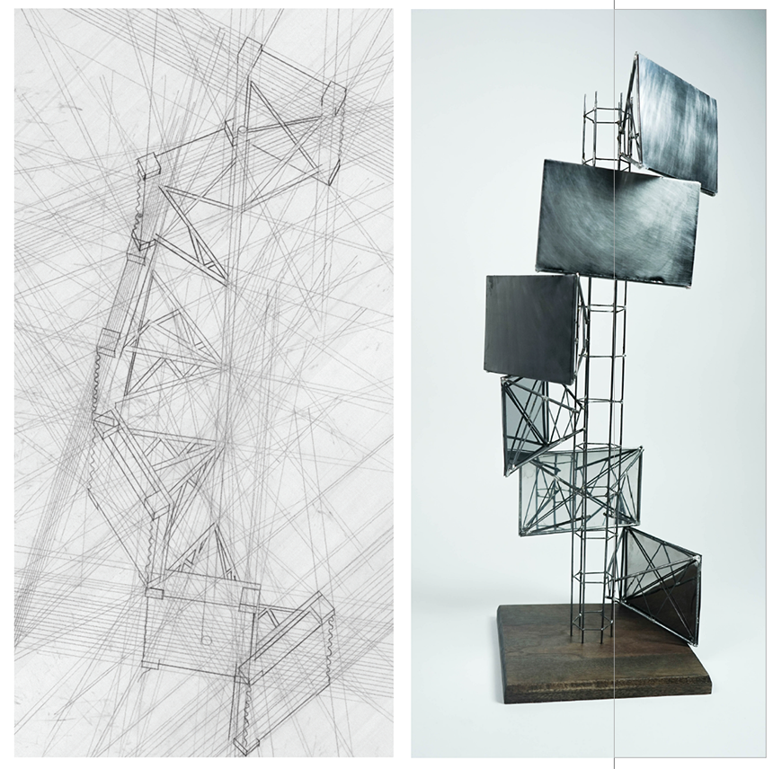 Side by side comparison of an architectural drawing and physical model. 