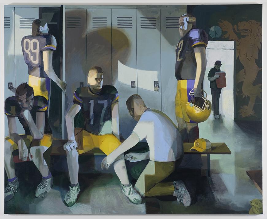 A painting of football players in a locker room.