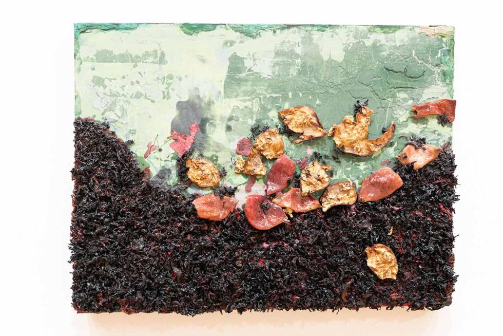 Abstract painting featuring objects on top in gold and peach with a dark purple textured bottom and light green on top.