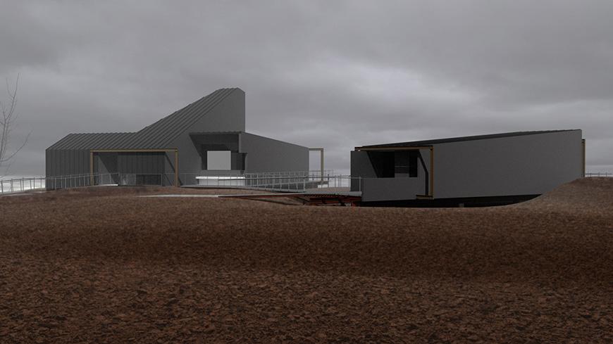 A 3D rendering of a modern, minimalist building on a hill. The building is made of gray concrete and has a geometric shape with a sharp angle. There is a smaller building attached to the side, and both buildings are surrounded by a dirt hill. The sky is cloudy and gray.