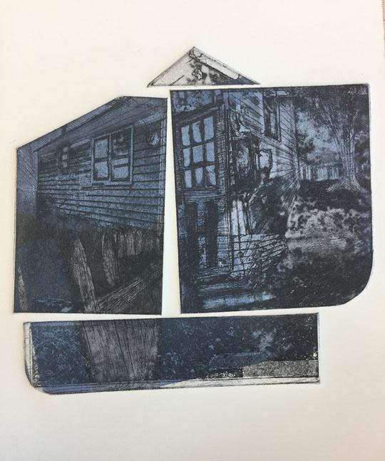 Four cut out sections of a house printed in black, blue, and gray set on a cream colored background.