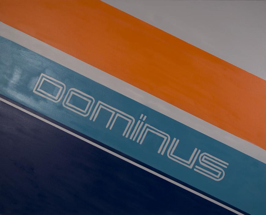 Dark and light blue painted diagonally with orange and white with the word DOMINUS in the middle.