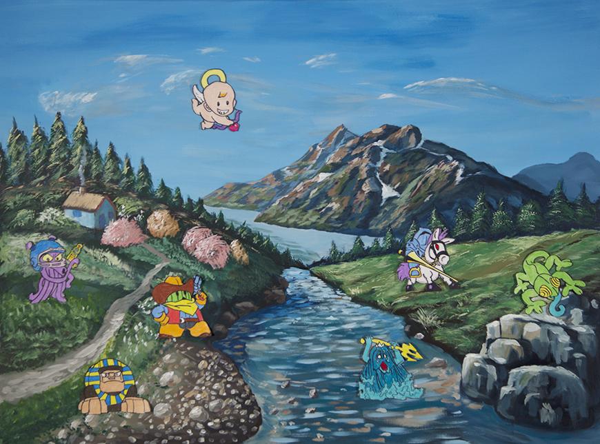 Painting of a stream surrounded by mountains, grass, and cartoon characters.