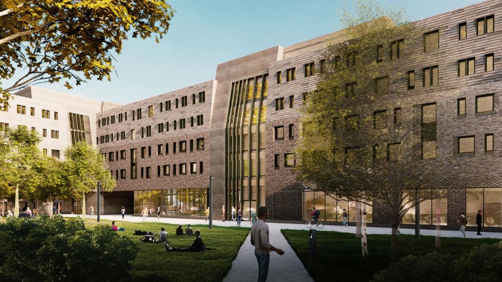 Rendering of Hobson College, a new residential college at Princeton University. The building is a large, modern structure with a variety of materials, including brick, stone, and glass. It is surrounded by trees and green spaces, and there are several people walking around the grounds.