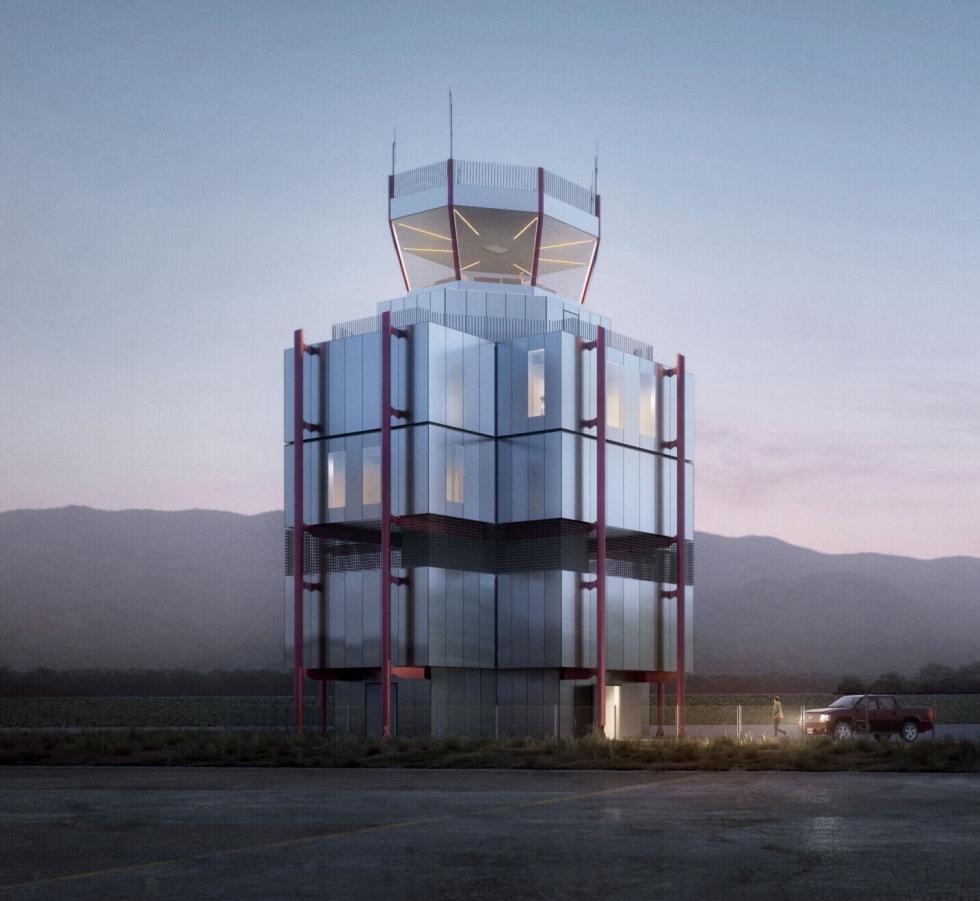 Rendering of a modern air traffic control tower with a modular design. The tower has a square base with stacked modules, and a radar dome on top. It is illuminated at night, with a surrounding landscape of mountains and a runway in the foreground.