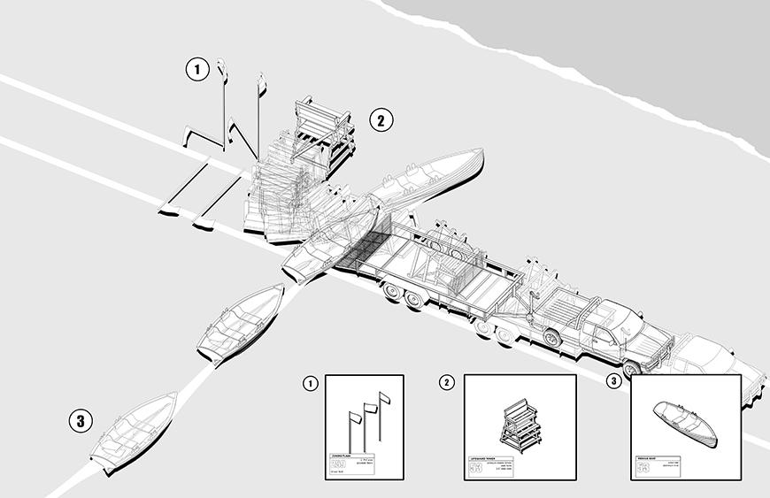 Digital rendering of a diagram which encompasses a progression of boats and vehicles. 