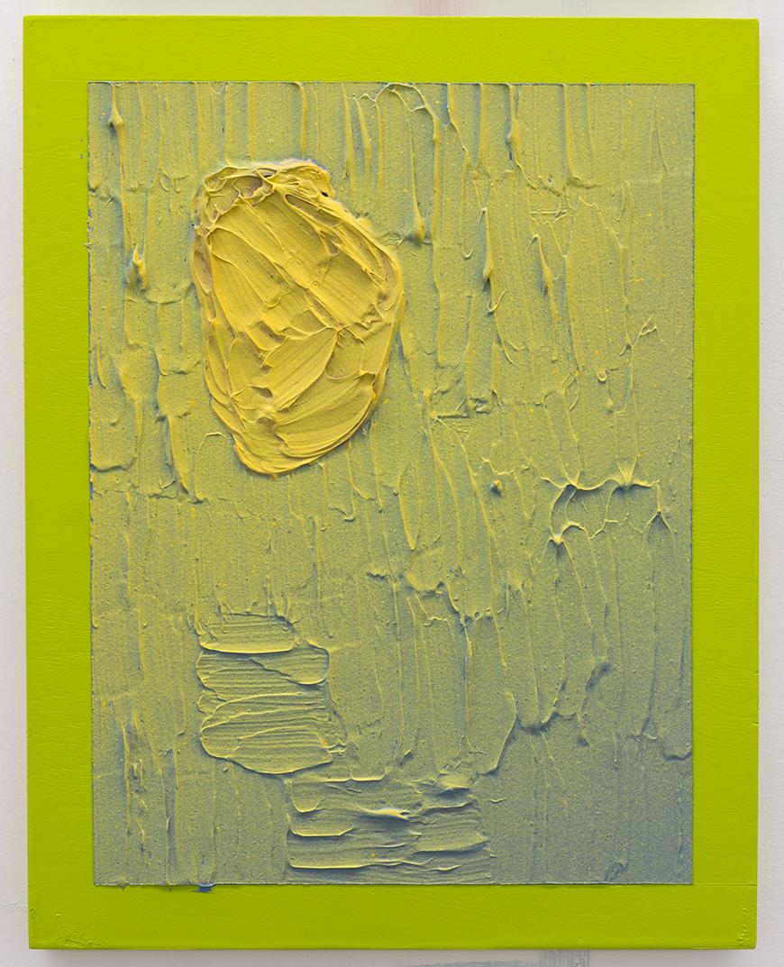 Color photo of a 2d lime green canvas with 3d darker green paint on top of it in a rectangle and a 3d yellow oval over the rectangle. 