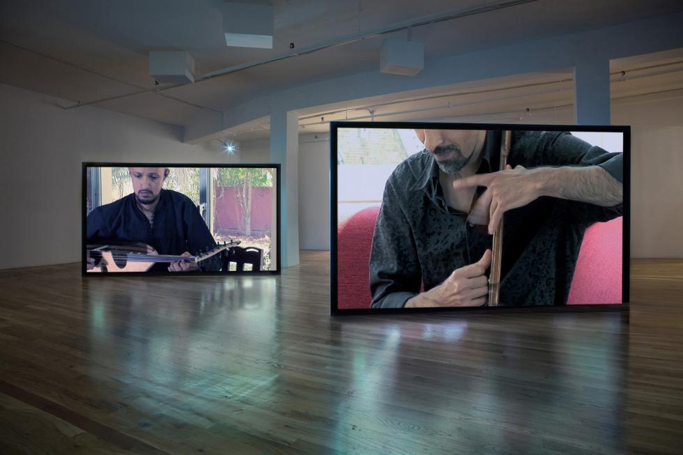 Images of a man playing musical instruments.