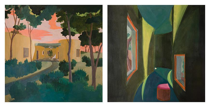 Colorful painting of the exterior and interior of a house. 