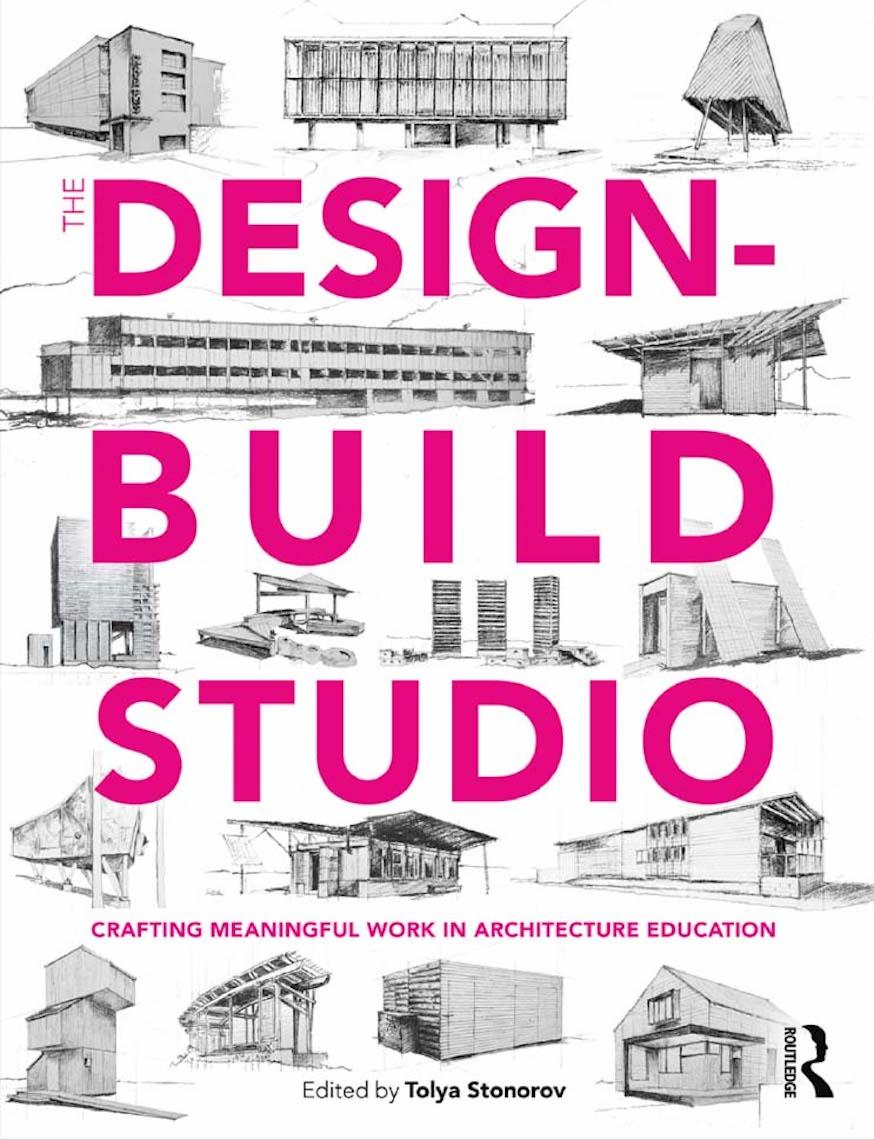 Pink words design build studio in front of building sketches