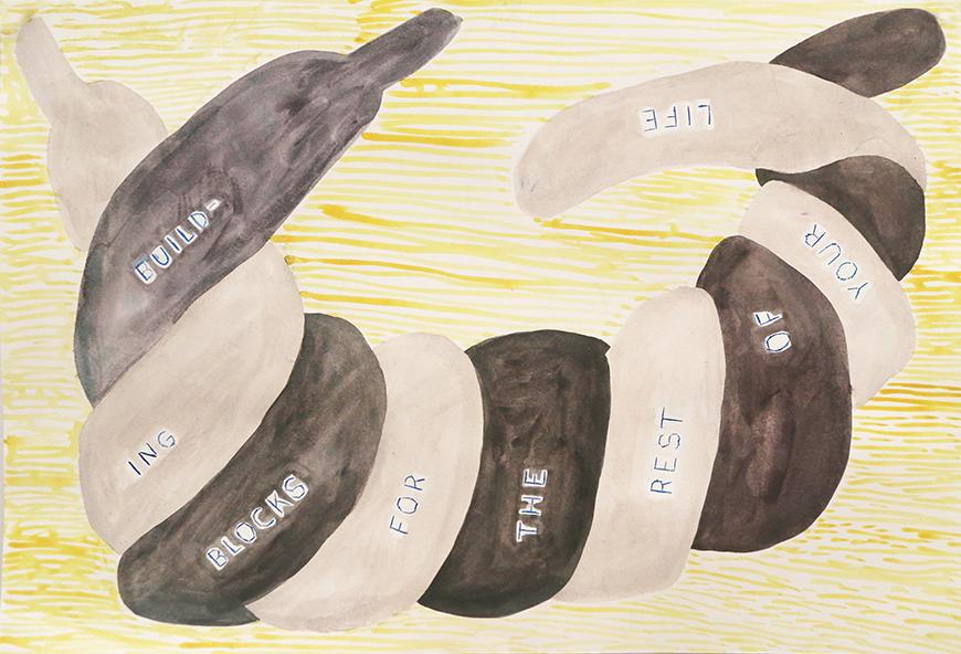 Watercolor painting of two worm-like structures (one tan, one dark brown) wrapping around each other. Broken up and placed on the worm-like structures throughout the painting are the words 