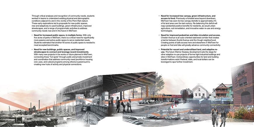 collage of background of urban computer renderings with buildings, people and train tracks of MidTown with text above