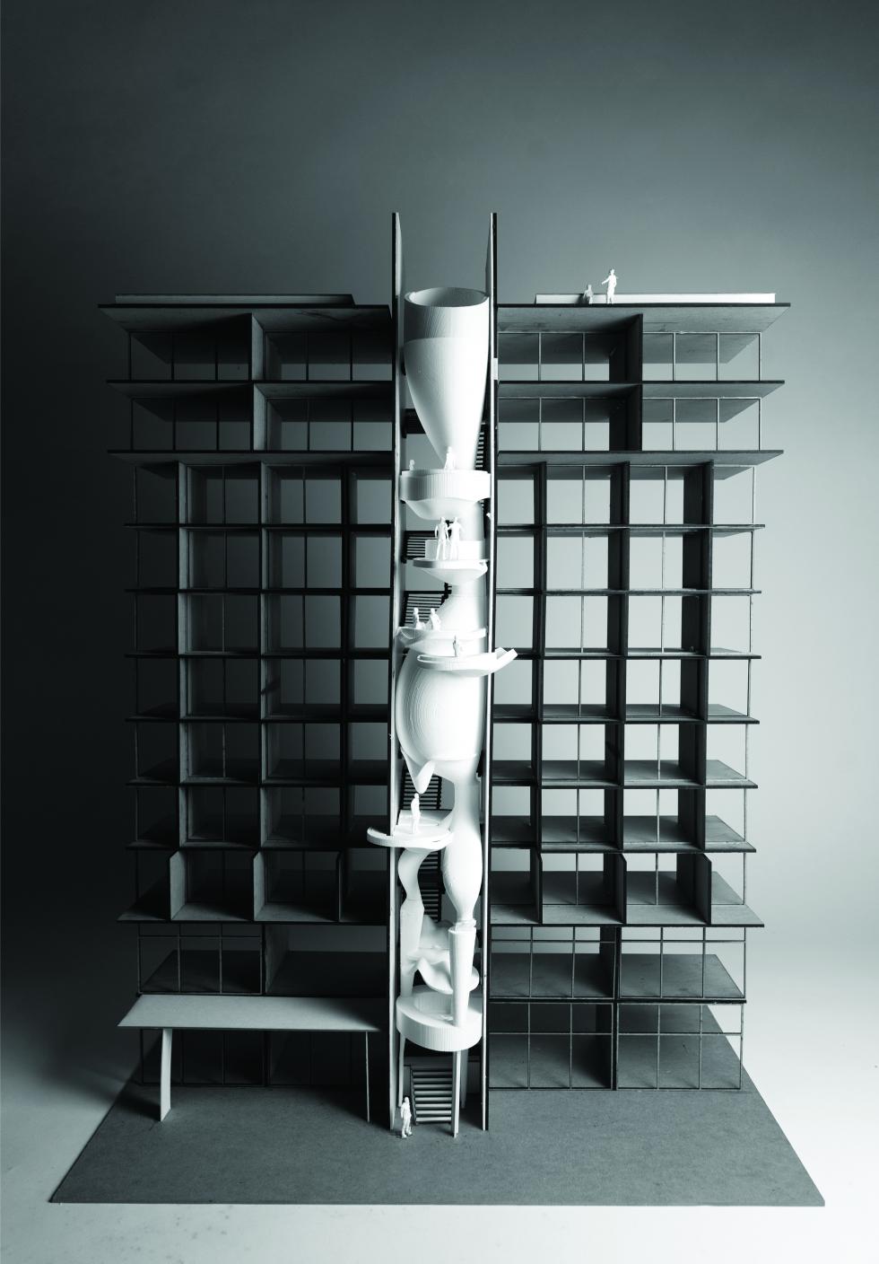 Overall model showing building infrastructure with curvy tower holding the water.