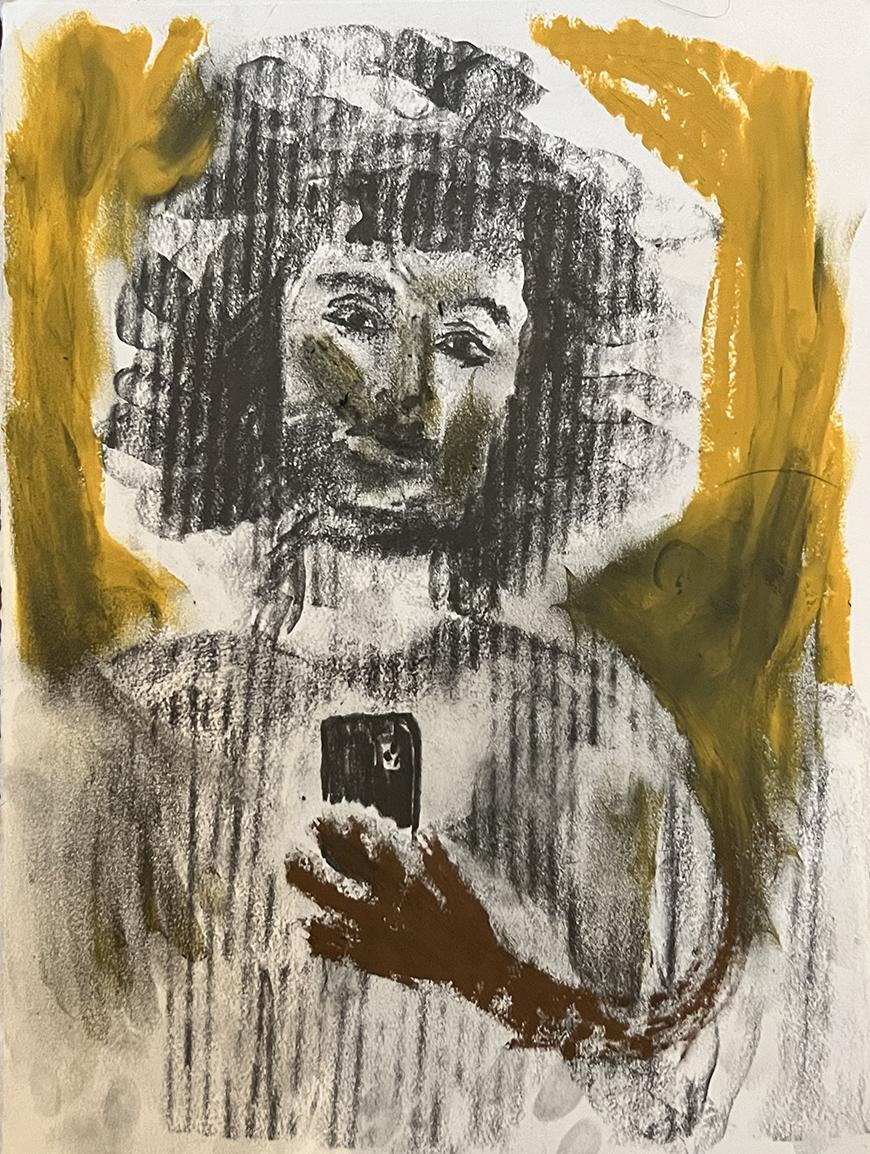 A charcoal drawing of a woman with Afro-textured hair taking a selfie in the mirror.