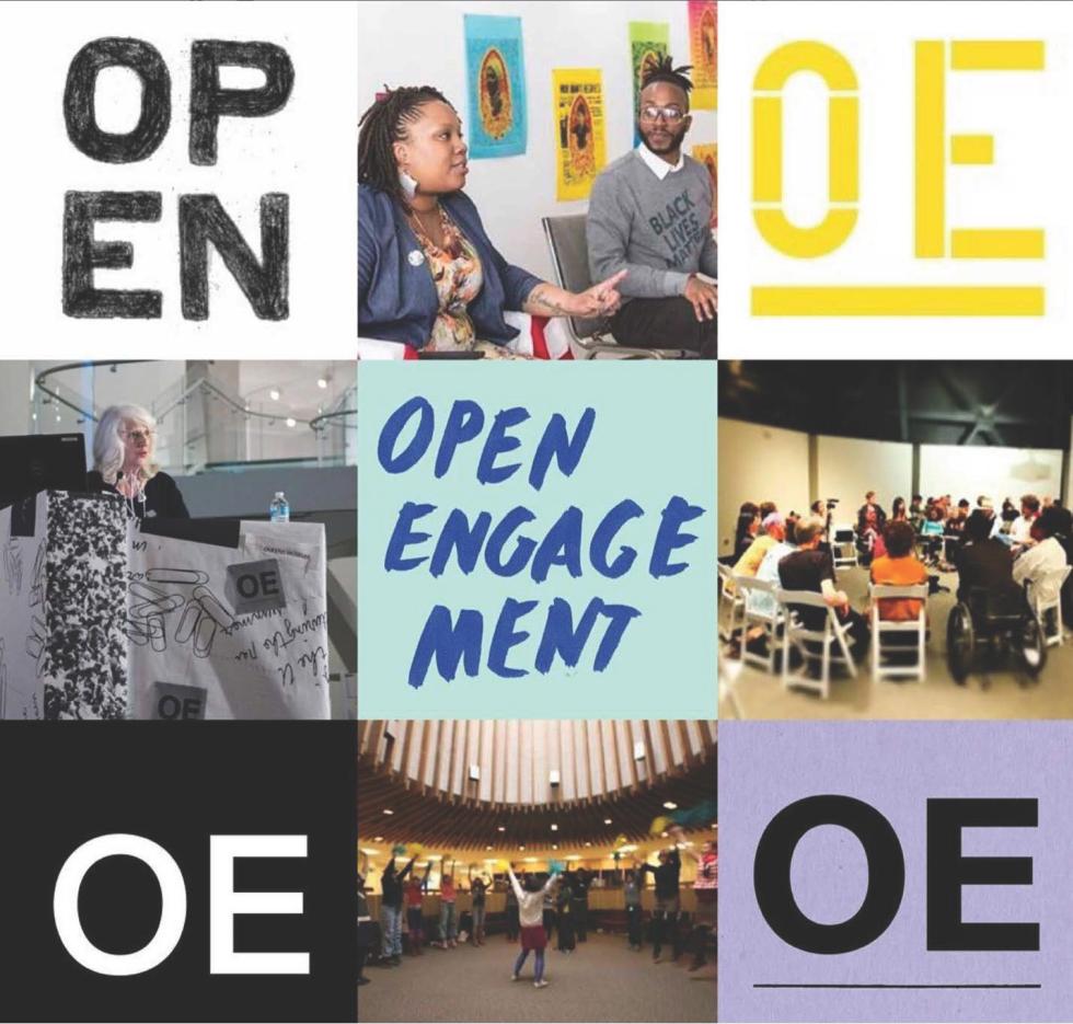 Nine different image squares with different photos of people talking combined with the letters OE and OPEN.