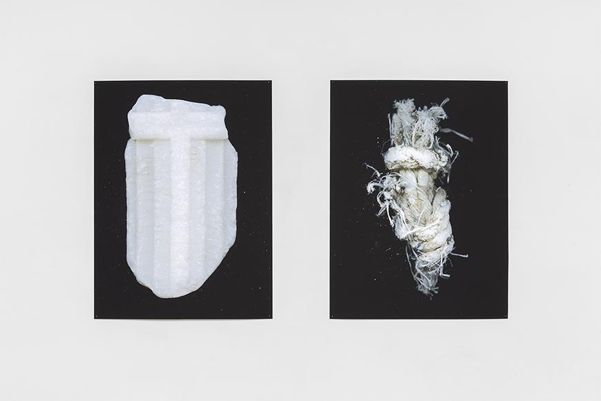Two black and white pictures, left features a large piece of white plastic, right features a closeup of a white piece of rope.