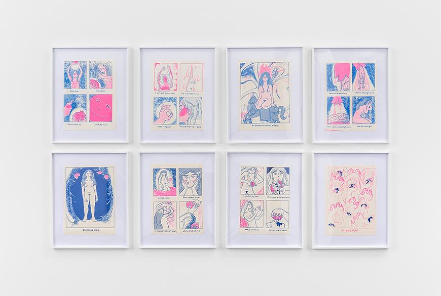 Eight blue and pink prints with scenes of a woman holding and eating a pomegranate.