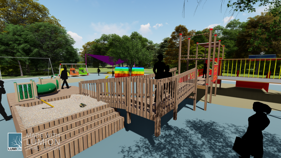 digital rendering of playground with silhouettes of people and wooden structure