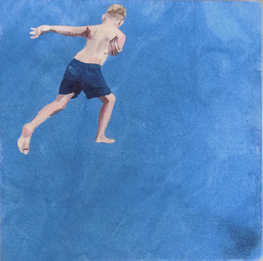 Painting of a person with light skin wearing navy blue swim trunks, viewed from the back as the subject jumps into water with arms outstretched.  