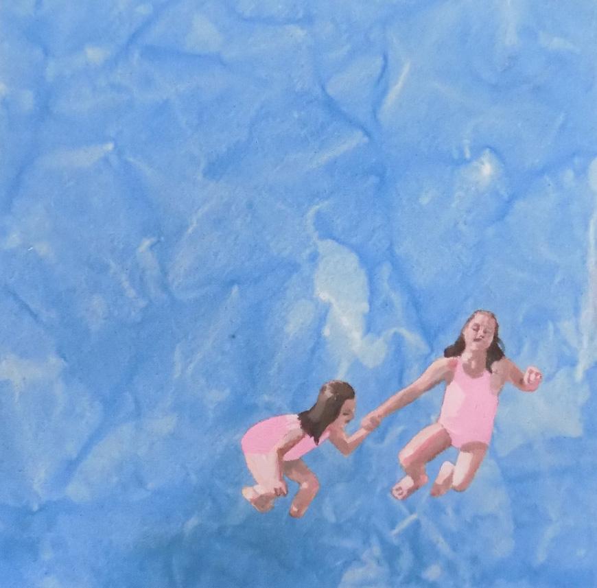 Painting of two subjects with light skin and shoulder length brown hair wearing pale pink one-piece swimsuits, holding hands and jumping into water against a blue background. 