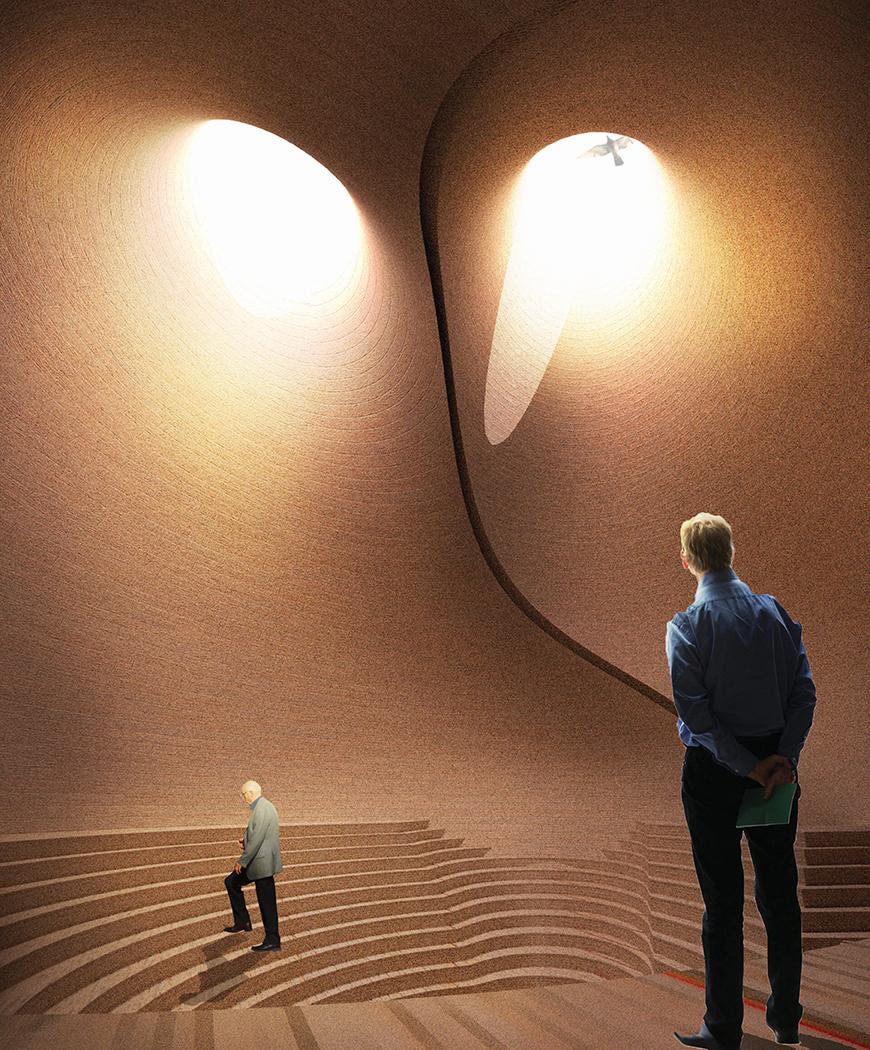 Interior space made out of brick with a staircase and two skylights. A man and a dove inhabit the space.