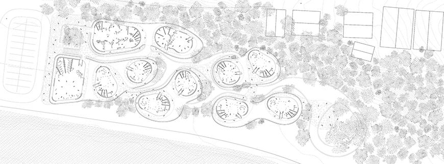 Plan of preschool showing a series of five bubbles distributed on the site.