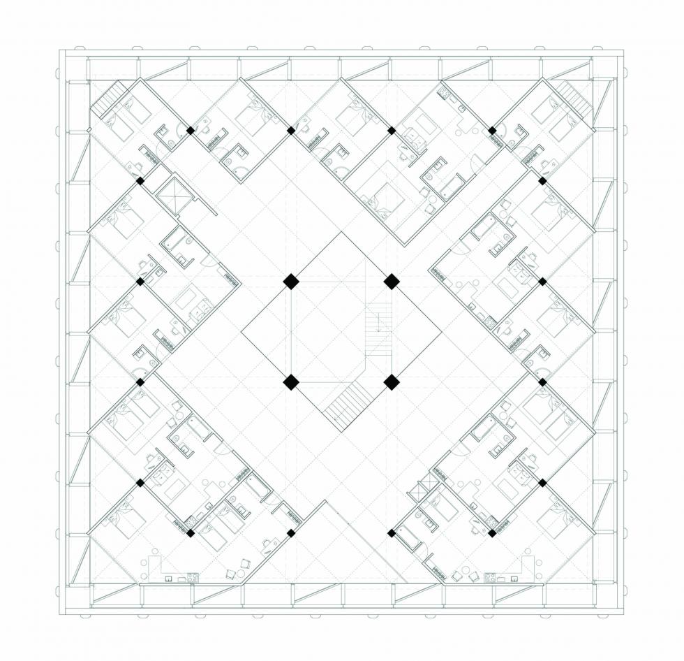 Square plan with grid dividing the space into housing units leaving the circulation in the middle.