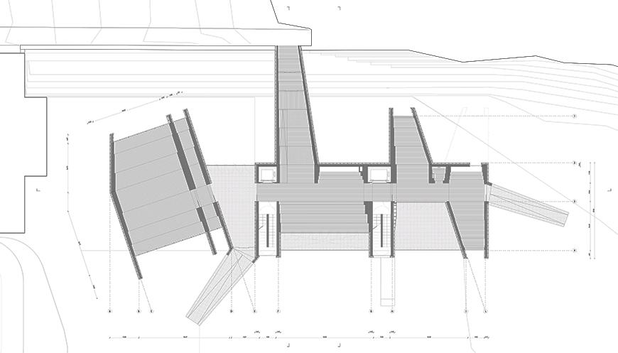 Plan of building of composed rectangles that extend out in different directions.