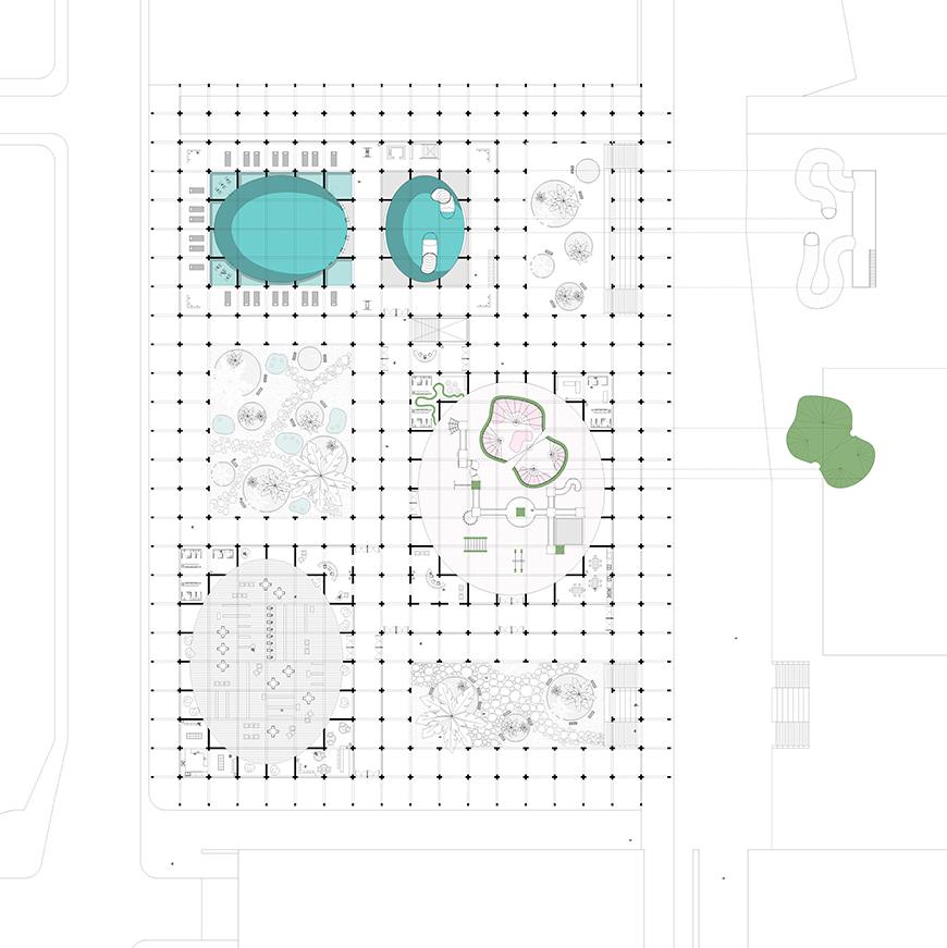 Digital rendering and arial view of a map which consists a series of buildings, pools, and seating areas. 