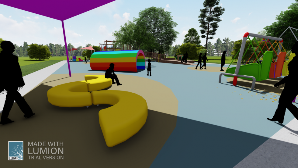 digital rendering of playground with silhouettes of people and colorful playground equipment