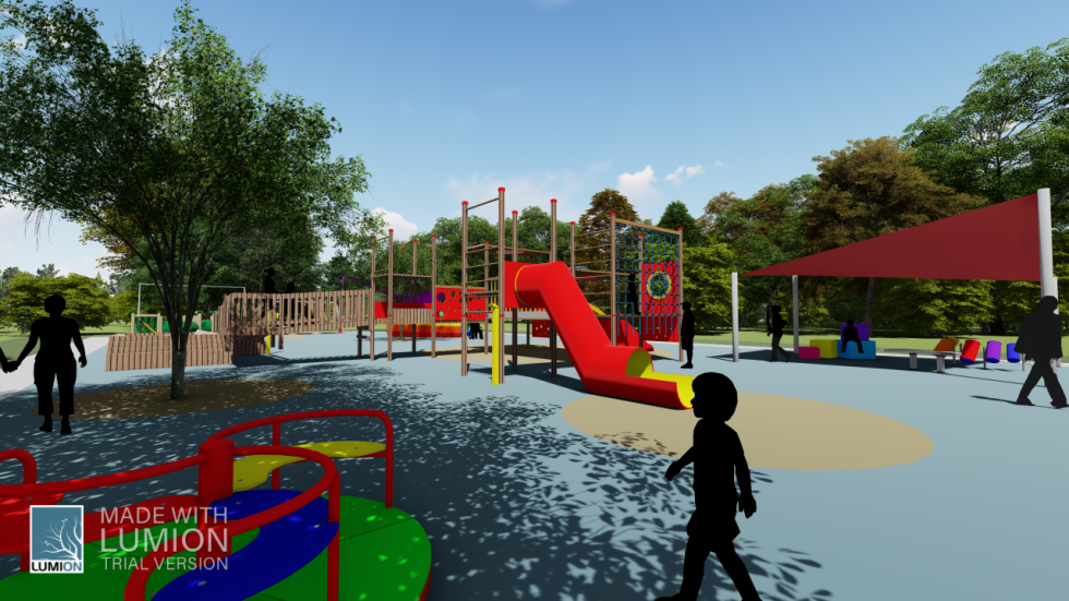 digital rendering of playground with silhouettes of people and colorful playground equipment